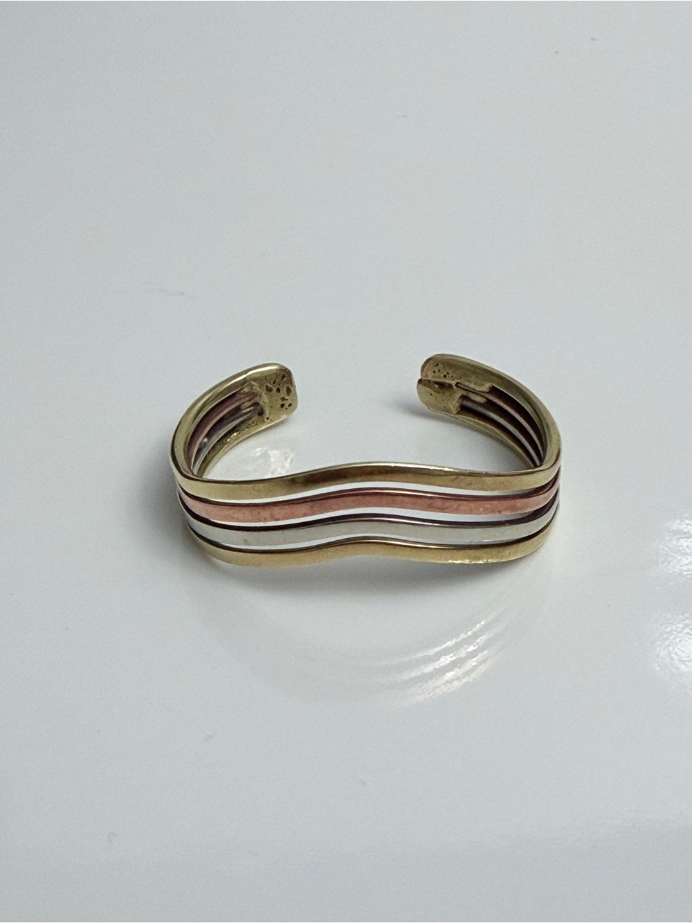 Vintage Artisan Tri-Tone Mixed Metal Wavy Cuff Bracelet Chunky
